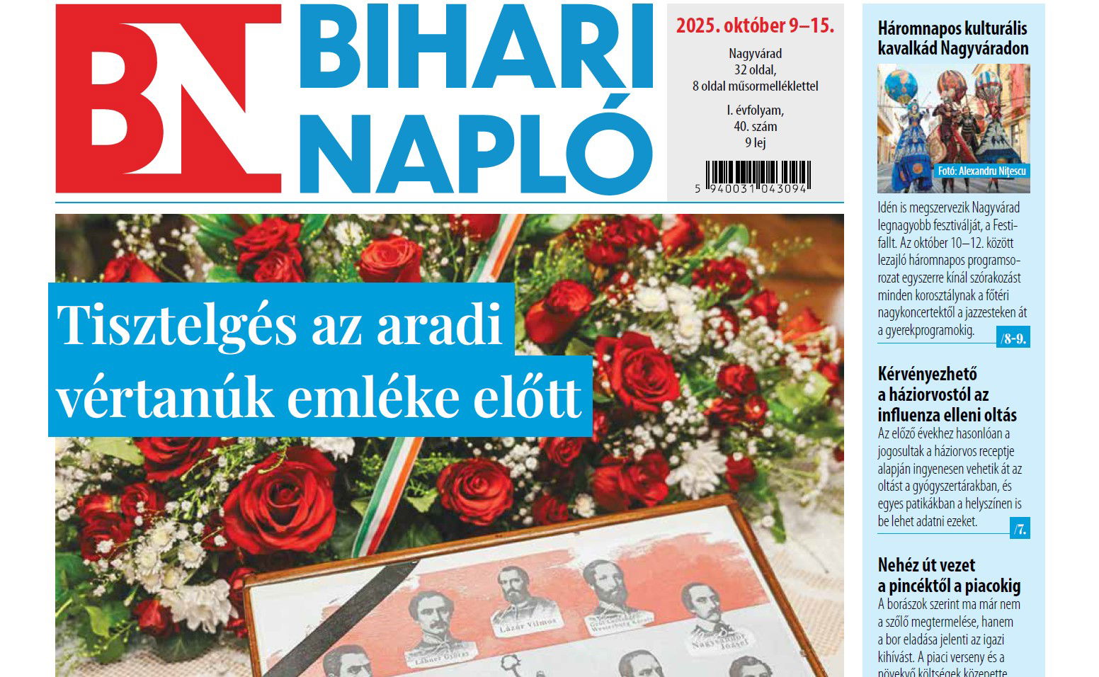 A Bihari Napló-hetilap október 9-i lapszámának tartalmából