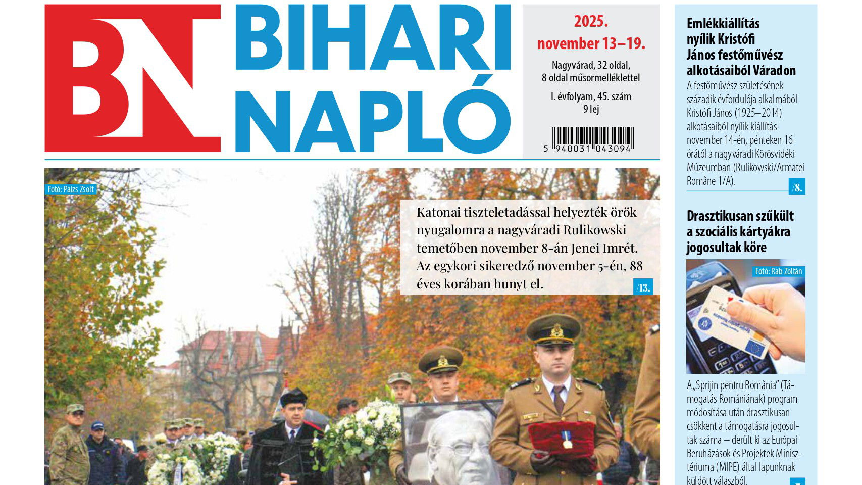 A Bihari Napló hetilap november 13-i lapszámának tartalmából