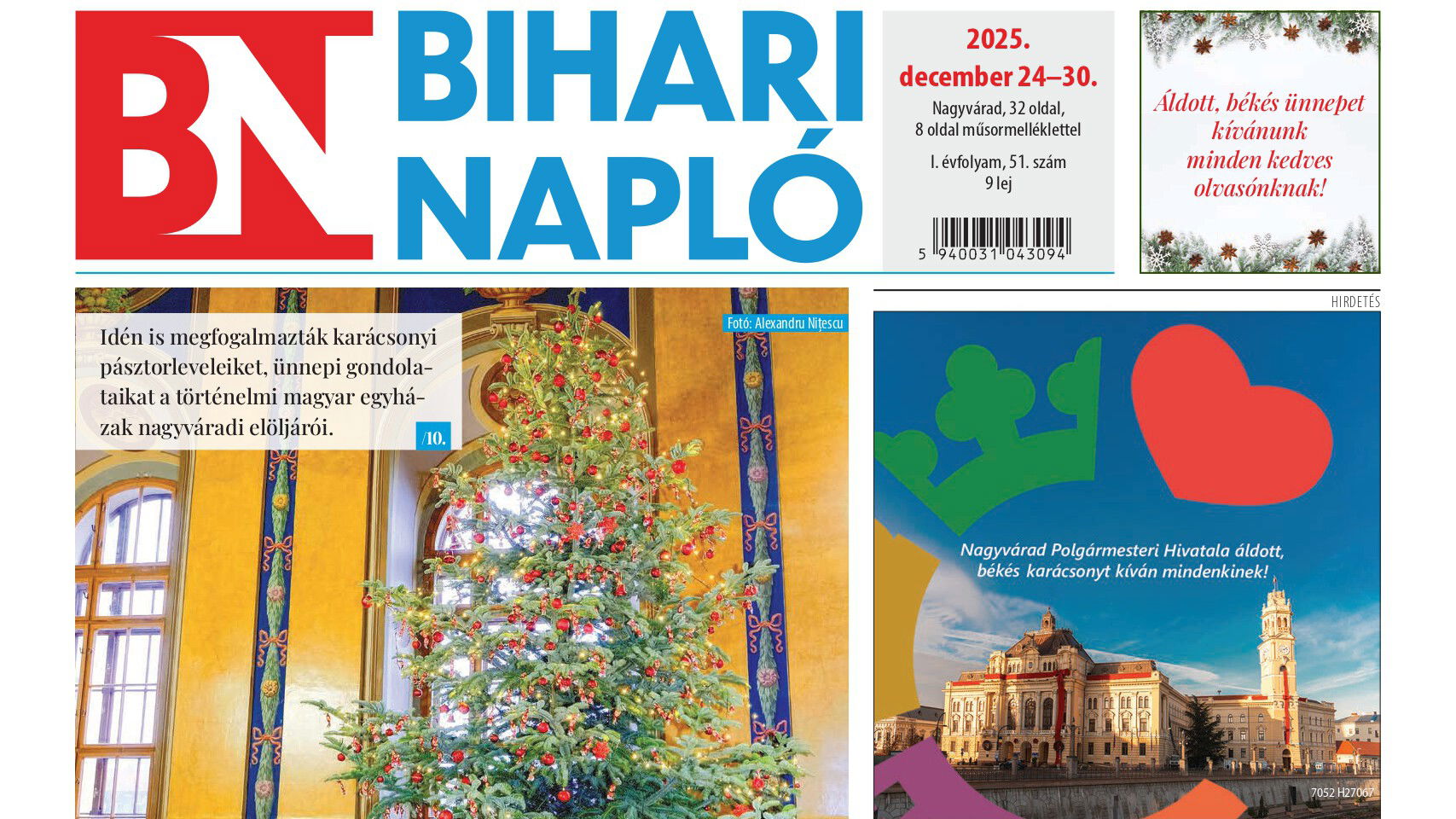 A Bihari Napló hetilap karácsonyi, december 24-i lapszámának tartalmából