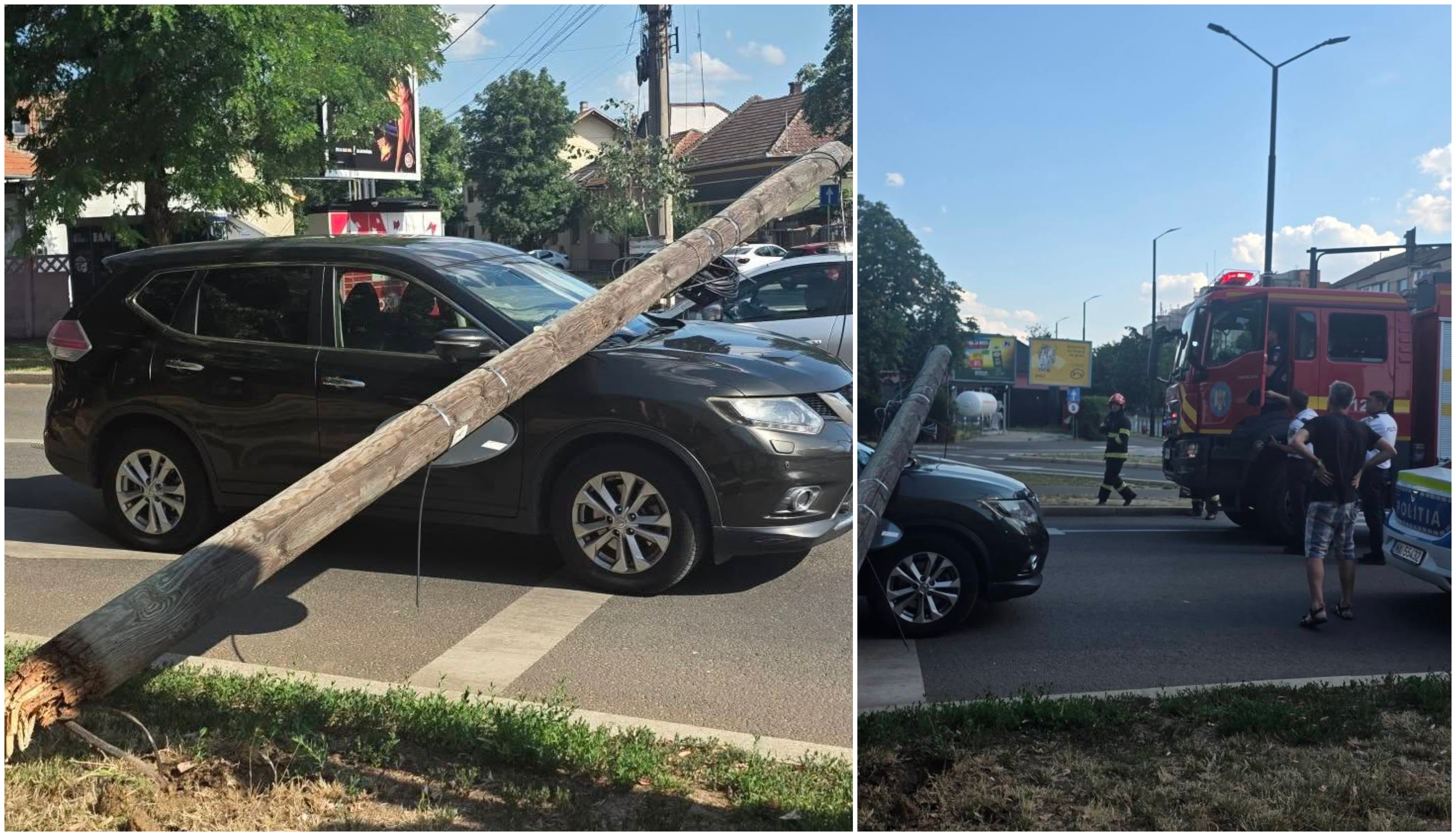 Pirosnál várakozó autóra dőlt egy telefonoszlop Váradon