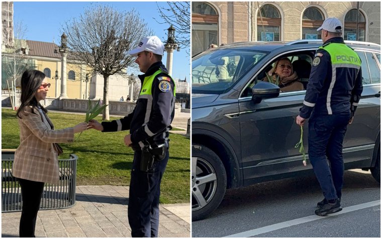 Kedves gesztus nőnapon: virágokkal köszöntötték a hölgyeket a rendőrök | FOTÓK