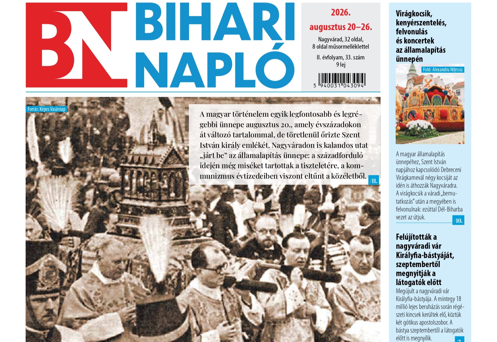 A Bihari Napló hetilap augusztus 20-i lapszámának tartalmából