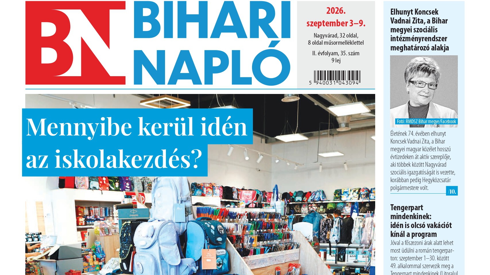 A Bihari Napló hetilap szeptember 3-i lapszámának tartalmából