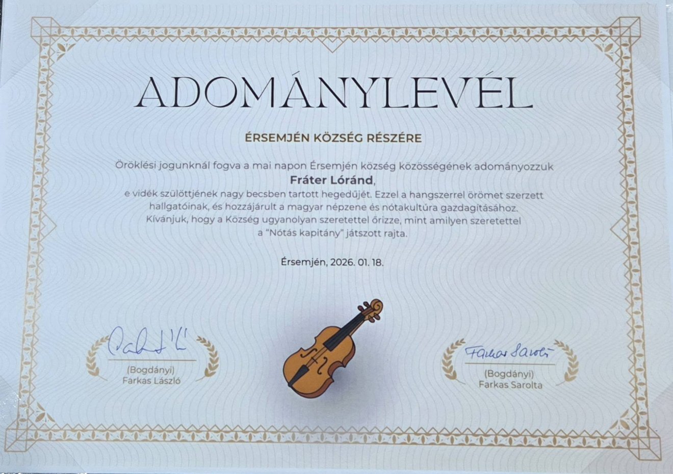 „Hazatért” Érsemjénbe Fráter Loránd nagy becsben tartott hegedűje
