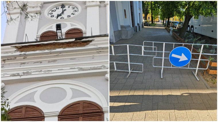 Felújításra szorul a szalontai református templom tornya, egy nagyobb vakolatrész vált le a párkányzatról
