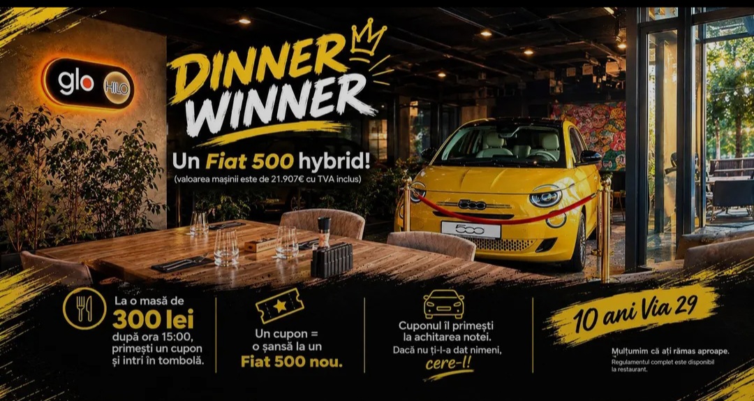 Dinner Winner by Via29! 10 éve Nagyvárad élvonalbeli éttermei között! Nyerj egy Fiat 500-ast – mutatjuk, hogyan!
